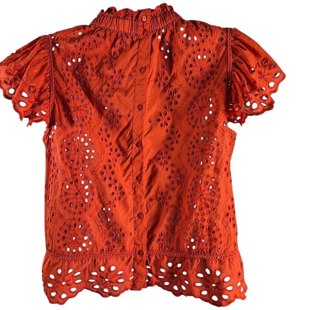 Jennifer Grace S Eyelet Orange Ruffle Button Bk Boho Festival Sheer Cottage Top - Picture 5 of 9